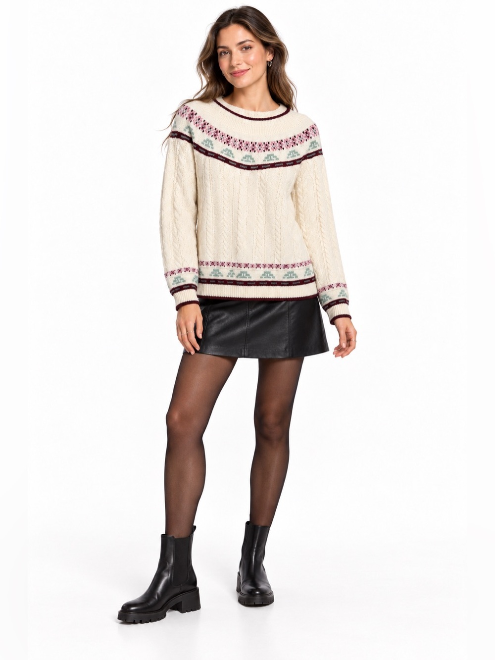 Womens XL Ivory Fair Isle Cable Knit Sweater Nordic Winter Pullover Burgundy